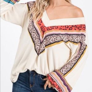 7th Ray Boho Chic Animal Print Striped Colorful V Neck Oversized Sweater Cozy L